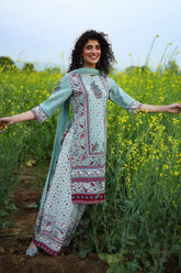 Grey Cambric Printed Straight Kurta Palazzo Dupatta Set